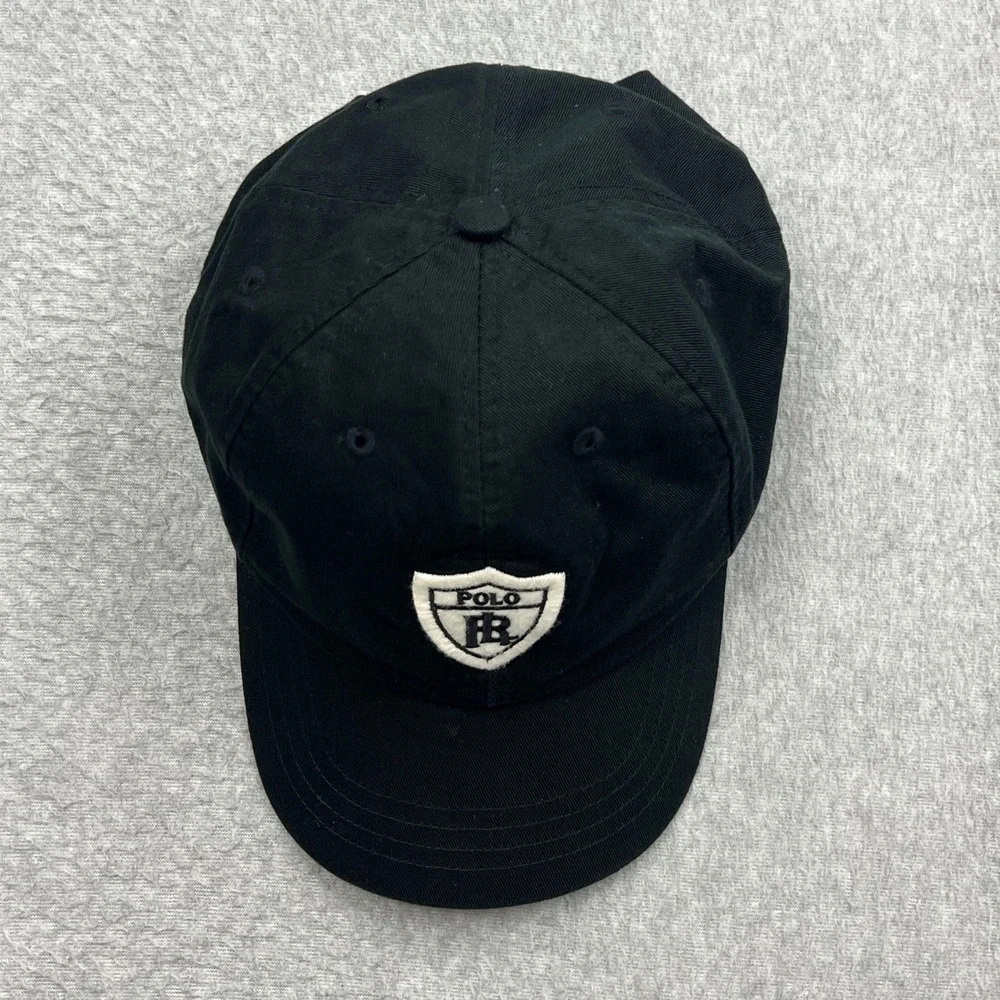 VTG Polo Ralph Lauren Shield Hat Adult Black Canvas Patch Crest Logo Strapback